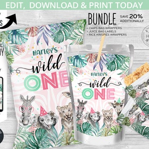 BUNDLE Wild One chips bag, juice bags, safari rice krispies labels, party animals snacks pouch first birthday. Online template. 125HPA 48