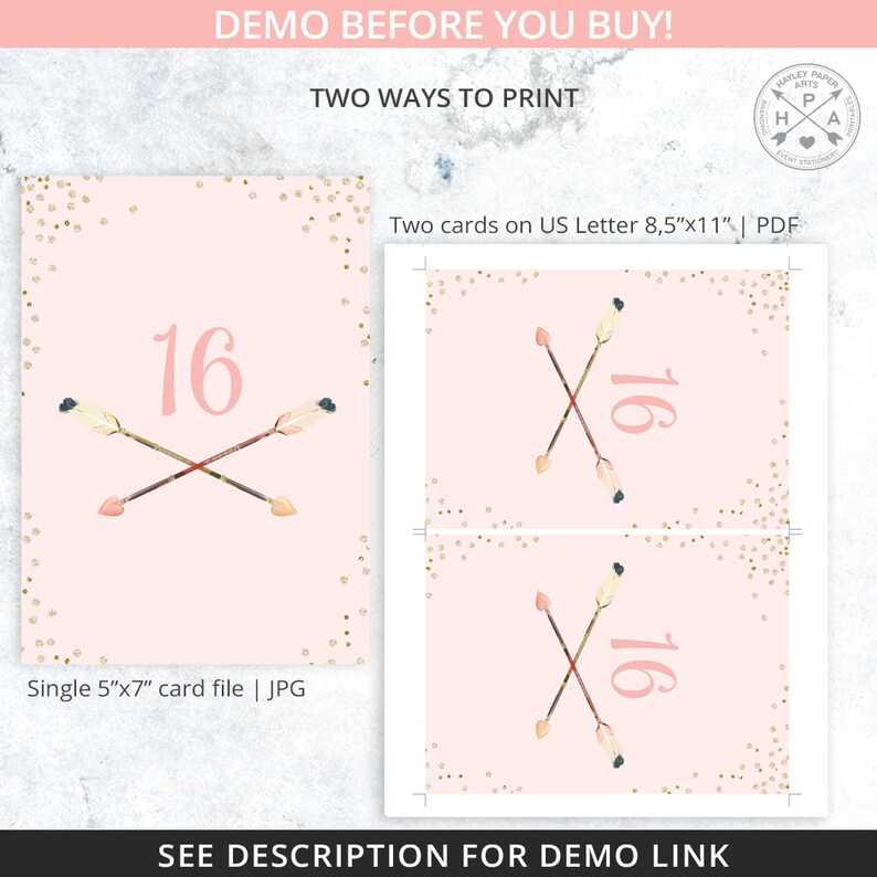 May include: Two printable designs for table numbers featuring a pink background with gold glitter and crossed arrows with feathers. The number 16 is displayed in a pink font.