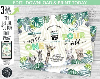 Safari joint party Wild boy ONE boy FOUR birthday invitation first 1st 4th jungle brothers animals greenery. Editable printables. 124HPA 66