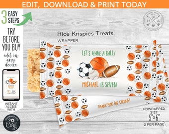 Let's have a ball rice krispies treats label, baseball basketball football birthday favors krispy treat. Editable printable. 204HPA 32 A