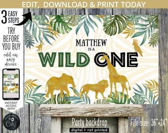 EDITABLE Jungle wild one table backdrop 36x24 1st first birthday safari gold animals board sign back drop. DIGITAL PRINTABLE. 040HPA 36 A