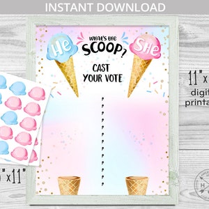 Ice cream gender reveal baby shower what&#39;s the scoop he or she cast your vote party sign 11x14 voting printable. NOT EDITABLE. 163HPA 09 B