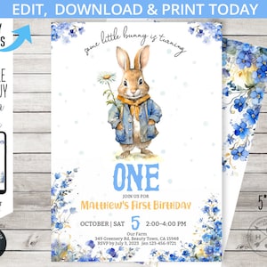 Little bunny birthday peter rabbit invitation boy ONE editable first 1st party invite. Selfeditable printable. 228HPA 01