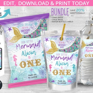 BUNDLE Mermaid chips bag, juice bags, water bottle labels, snacks treat, chips pouch, wrapper, first birthday. Editable template 060HPA 22