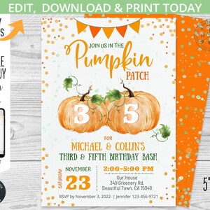 Pode incluir: Um convite imprimível para um terceiro e quinto aniversário. O convite apresenta uma ilustração em aquarela de duas abóboras com os números 3 e 5 nelas. O texto do convite diz "Join us in the Pumpkin Patch for Michael & Collin's Third & Fifth Birthday Bash" e inclui a data, a hora e o local da festa. O convite mede 12,7 cm por 17,8 cm.