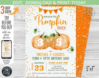Pumpkin joint birthday bash invitation brothers patch orange fall boys siblings autumn party invitations. Editable printable. 079HPA 07
