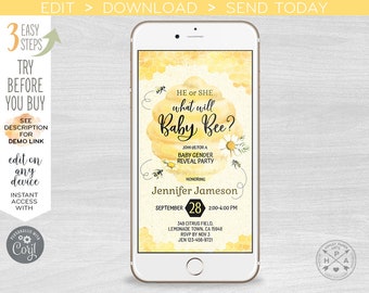 What will baby bee electronic gender reveal shower party invitation beehive honeycomb smartphone e-vite digital invite 400HPA E049 01 049HPA