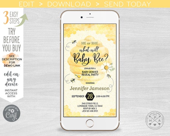 What will baby bee electronic gender reveal shower party invitation beehive honeycomb smartphone e-vite digital invite 400HPA E049 01 049HPA Il_570xn