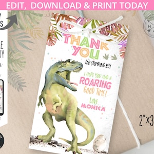 Dinosaur Dankeschön Geschenkanhänger Dino-Mite Dino-Mite T-Rex Mädchen Geburtstag dank Dankschildkröte. Bearbeitbar bedruckbar. 137HPA 09 B