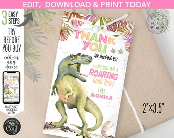 Dinosaur thank you favor gift tag third three rex dino-mite T-Rex girl birthday thanks rectangular label. Editable printable. 137HPA 09 B