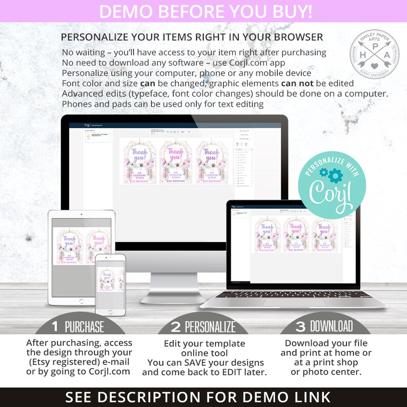 Op de afbeelding: Een digitale mockup die laat zien hoe je personaliseerbare, afdrukbare bedankkaartjes kunt maken met behulp van de website Corjl.com. De kaartjes hebben een roze en paarse kleurschema met een droomvangerontwerp. De tekst op de kaartjes luidt "Bedankt!"
