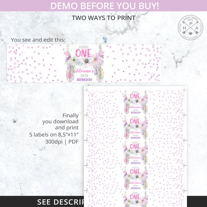 May include: Printable digital download of five labels featuring a pink and purple watercolor design with feathers, flowers, and the text "Little One Adriana's First Birthday". The labels are designed to fit on 8.5 x 11 inch paper.
