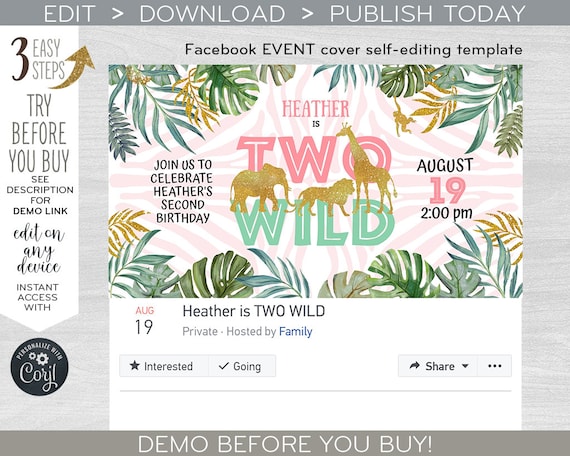Jungle girl two wild facebook event cover, social media party banner, safari animals 2nd birthday invitation Editable template F041 B 041HPA Il_570xn