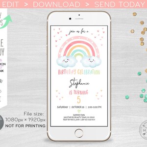 Rainbow electronic any age girl birthday invitation funny clouds pink pastel party, smartphone e-vite. Selfediting template. E182 02 182HPA