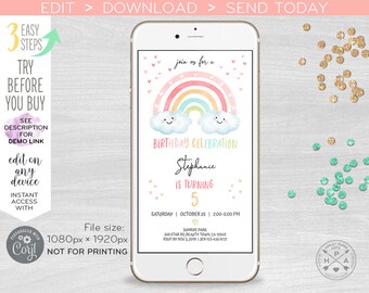 Rainbow electronic any age girl birthday invitation funny clouds pink pastel party, smartphone e-vite. Selfediting template. E182 02 182HPA