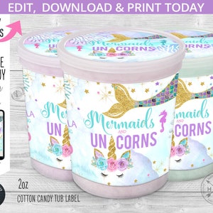 May include: Three 2oz cotton candy tub labels featuring a mermaid and unicorn theme. The labels are decorated with pastel blue, pink, and purple watercolor backgrounds, gold glitter, and stars. The text on the labels reads "Mermaids and Unicorns".