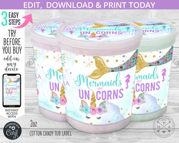 Mermaids and unicorns cotton candy tub label, plastic container wrap, birthday magical under the sea labels. Digital printables. 061HPA 26 A Il_570xn