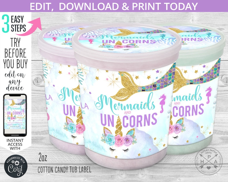 May include: Three 2oz cotton candy tub labels featuring a mermaid and unicorn theme. The labels are decorated with pastel blue, pink, and purple watercolor backgrounds, gold glitter, and stars. The text on the labels reads "Mermaids and Unicorns".