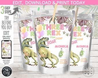 Three Rex dinosaur juice bag label, capri juice bags, dino dino-mite third 3rd birthday party favor label. Editable printable. 137HPA 31 A