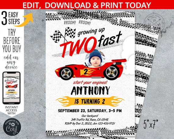 Two fast race car birthday invitation, two fast 2 curious 2nd birthday party racing car yellow black party. Editable printable. 197HPA 02 Il_570xn
