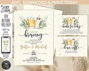 A Baby is brewing Baby shower invitation set beer milk bottle greenery 5x7 invite printables. Instant access. Editable template. 173HPA 12