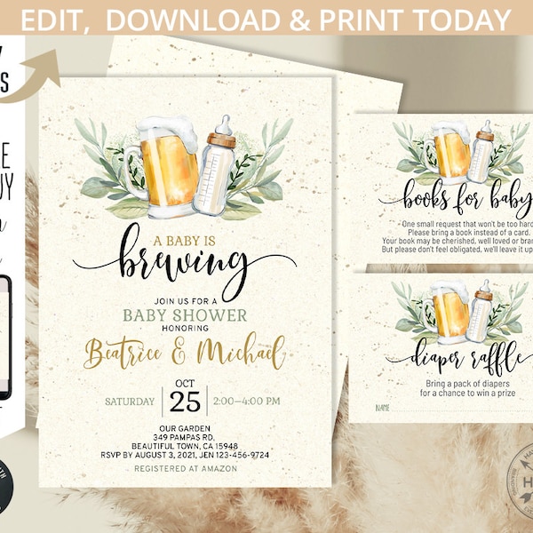 A Baby is brewing Baby shower invitation set beer milk bottle greenery 5x7 invite printables. Accès instantané. Modèle modifiable. 173HPA 12
