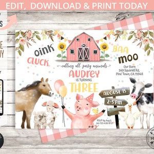 Bauernhof Tiere Einladung Mädchen blush pink Scheune Party Kuh, Schwein, Schaf, Cowgirl Country Party. Druckbare bearbeitbare Vorlage. Digital. 152HPA 01