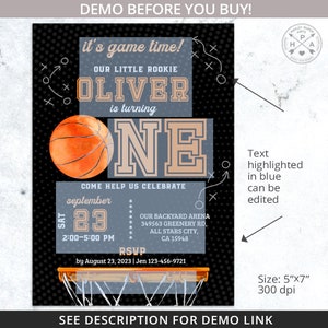 May include: A basketball-themed first birthday party invitation with a black background, a basketball, and a blue and orange 'ONE' graphic. The text 'It's game time! Our little rookie Oliver is turning ONE' is featured on the invitation. The invitation also includes the date, time, and location of the party.