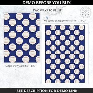 May include: Two ways to print a baseball-themed printable card. The first option is a single 5x7 inch card file in JPG format. The second option is two cards on a US Letter size paper (8.5x11 inches) in PDF format. The cards feature a repeating pattern of white baseballs on a dark blue background.