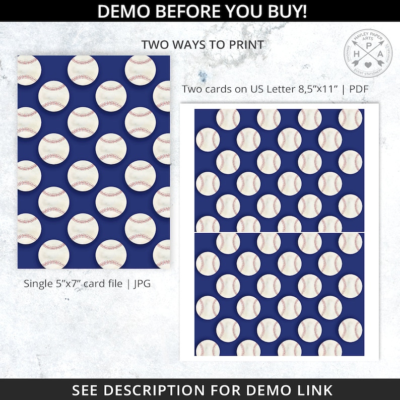 May include: Two ways to print a baseball-themed printable card. The first option is a single 5x7 inch card file in JPG format. The second option is two cards on a US Letter size paper (8.5x11 inches) in PDF format. The cards feature a repeating pattern of white baseballs on a dark blue background.