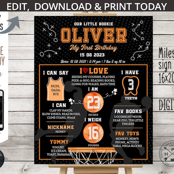 Basketball 1st birthday stats milestone poster sign. Little rookie year first sports board chalkboard. Self editable printable. 218HPA 19 B