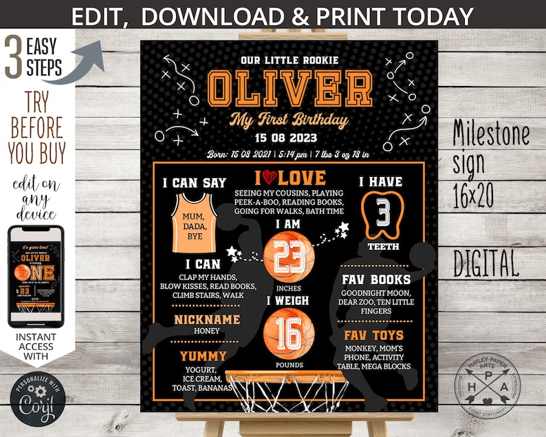 May include: Black and orange basketball-themed first birthday milestone sign for a boy named Oliver. The sign includes details like his birthdate, weight, height, and favorite activities. It says "Our Little Rookie Oliver My First Birthday 15 08 2023 Born: 15 08 2021 | 5:14 pm 7 lbs 3 oz 18 in I Can Say Mum, Dada, Bye I Love Seeing my cousins, playing peek-a-boo, reading books, going for walks, bath time I Am 23 inches I Weigh 16 pounds I Have 3 teeth Fav Books Goodnight Moon, Dear Zoo, Ten Little Fingers Fav Toys Monkey, Mom's phone, activity table, mega blocks"