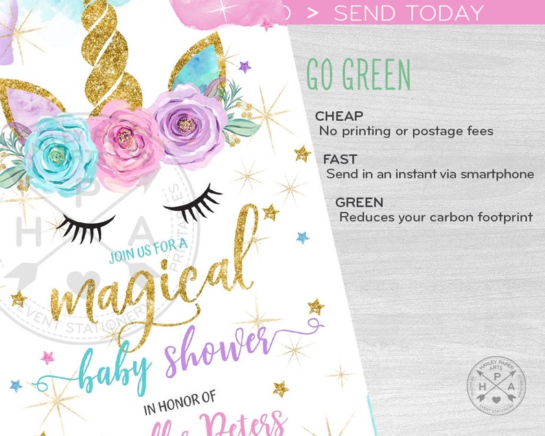 Unicorn baby shower invitation evite magical electronic, smartphone e-vite, message digital invite. Selfediting template. E056 A 056HPA image 4