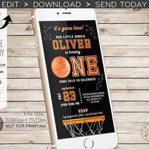 Basketball boy first birthday electronic invitation ONE sports basket all stars party smartphone e-vite digital. Editable E218 03 218HPA