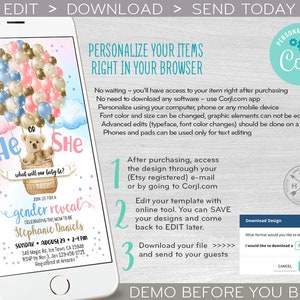 Bear balloons gender reveal baby electronic shower party hot air balloon invitation he she smartphone e-vite digital invite. E195 01 195HPA image 3
