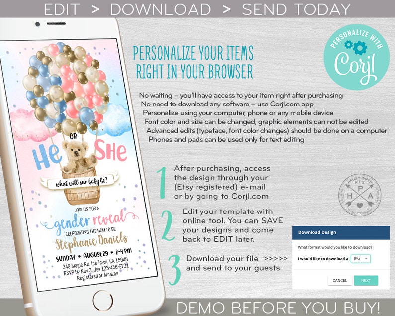 Bear balloons gender reveal baby electronic shower party hot air balloon invitation he she smartphone e-vite digital invite. E195 01 195HPA image 3