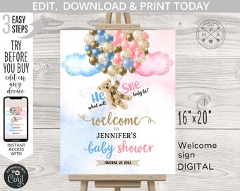 Bear balloons he or she welcome sign gender reveal shower 16x20 flying bearly wait. Balloon blue pink. Editable printable sign. 195HPA 16 A