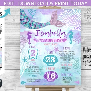 EDITABLE Mermaid milestone stats 1st birthday board. First one under the sea poster sign purple aqua chalkboard editable template. 060HPA 12