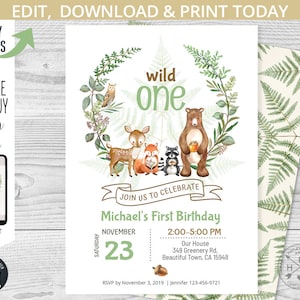 Woodland animals birthday invitation, wild one boy forest animals, ferns animal party invitations. Printable editable template. 092HPA 01