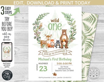 Woodland animals birthday invitation, wild one boy forest animals, ferns animal party invitations. Printable editable template. 092HPA 01