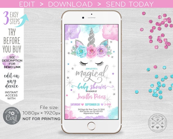 Unicorn baby shower invitation evite silver magical electronic, smartphone e-vite message digital invite Selfediting template E057 01 057HPA Il_570xn