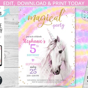 Einhorn Geburtstagseinladung magische lila rosa Regenbogen Pastell Mädchen Frauen Erwachsene Magie Party Einladungen einladen Editable printable. 188HPA-02
