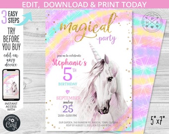 Unicorn birthday invitation magical purple pink rainbow pastel girl women adult magic party invite invitations Editable printable. 188HPA 02