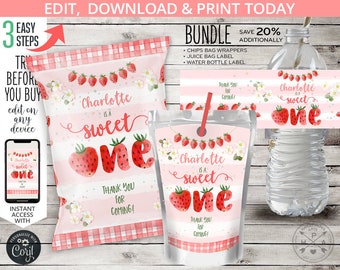 BUNDLE Strawberries sweet ONE berry first chips bag, juice water bottle label, treats favor wrapper birthday. Editable printables. 223HPA 45