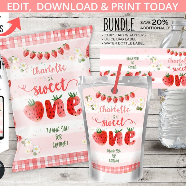 BUNDLE Strawberries sweet ONE berry first chips bag, juice water bottle label, treats favor wrapper birthday. Editable printables. 223HPA 45