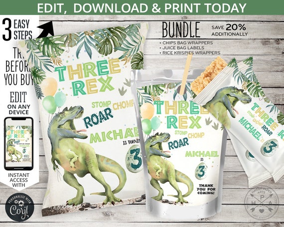 BUNDLE Dinosaur three rex chips bag, juice bags, rice krispies wrap, dino T-Rex pack third 3rd birthday. Editable printables. 132HPA 42 Il_570xn