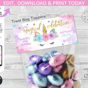 ユニコーンのお菓子バッグ トッパー ラベル 魔法のお祝いのお菓子 キャンディ プラスチック ジップ バッグ トッパー、誕生日の記念品。編集可能なテンプレート。046HPA 38 A