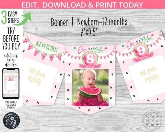 Banner One in a melon first birthday monthly garland decoration newborn 12 months girl watermelon pink party. Editable template. 050HPA 15 E Il_570xn