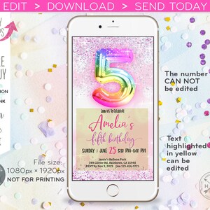 May include: A digital invitation for a fifth birthday party. The invitation features a rainbow-colored number five balloon, glitter, and the text "Join us to celebrate Amelia's fifth birthday".