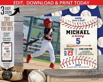 Baseball birthday invitation navy blue red boy party invite boy photo option sports slugger ball game. Editable card design. 191HPA 09